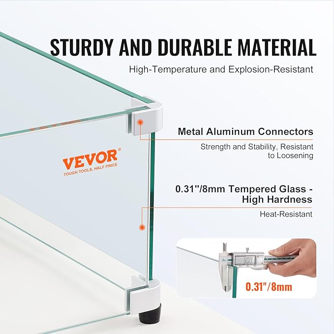 Glass Wind Guard for Rectangular Fire Pit Table 31 x 12.5 x 6.5 Inch, 0.31 inch Thick and Sturdy Tempered Glass Panel with Hard Aluminum Corner Bracket & Rubber Feet, Easy to Assemble