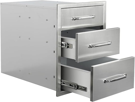 Outdoor Kitchen Drawers 16" W x 21" H x 23" D Stainless Steel Triple Drawers with Ergonomic Handle for BBQ Island, Patio Grill Station & Outdoor Kitchen Cabinets