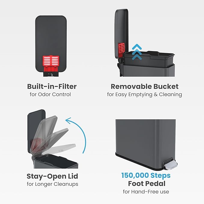 iTouchless SoftStep 3 Gallon (11.4L) Slim Bathroom Trash Can with Lid, Gunmetal Gray Stainless Steel Fingerprint-Proof, Silent Soft-Close Pedal AbsorbX Odor Filter Removable Bucket Dorm Bedroom Office