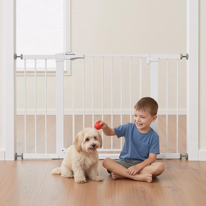 29.7-46" Extra Wide Baby Gate for Stairs, Pressure Mounted Dog Gate Indoor for Doorways, Auto Close Pet Gate with Walk Thru Door, Double Lock Child Safety Gate for Kids and Pet, No-Trip Design