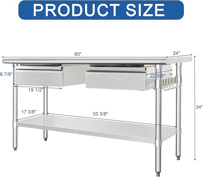 HARDURA Stainless Steel Prep Table with Drawer 24" x 60" NSF Heavy Duty Bench with Undershelf, Hook and Galvanized Legs for Commercial Food Prep