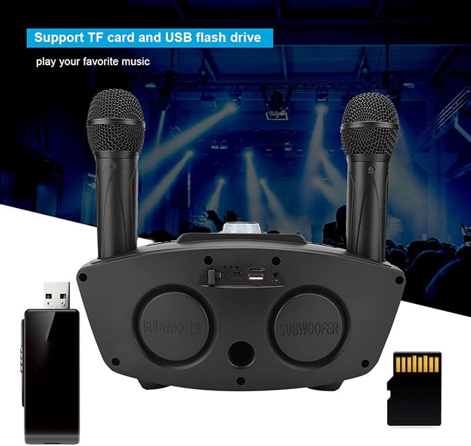 Speaker, KTV Karaoke Speaker with 2 Microphones for Home Party, 3000mAh Battery 10M Wireless Connection AUX Input USB Support (Black)