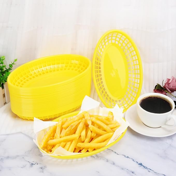 80 Pcs 9 x 5.7 Inch Reusable Oval Fast Food Baskets, Sturdy Plastic Serving Baskets for Fast Food, Parties, Picnics, BBQs and Snacks, by KUKLIPJIM.(Yellow)