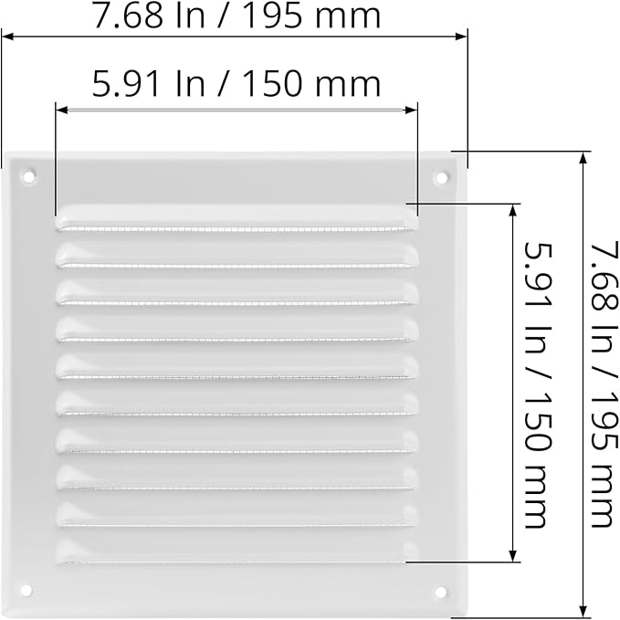 Square Ventilation Grille / 6" x 6" Inch Inside Measurement/White Metal Air Vent Louver - Inside/Outside use - / 7.7" x 7.7" Inch Outer Measurement