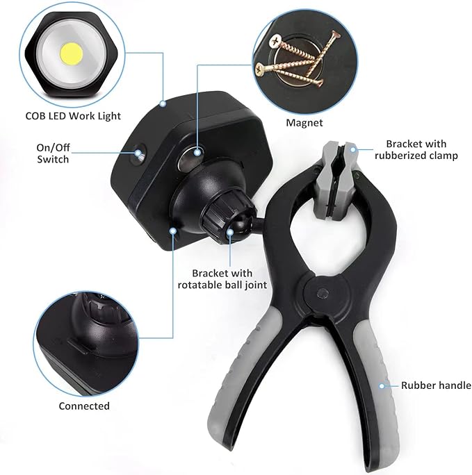 250 Lumens COB LED Clamp Light, Magnetic, Rotatable Grill Light, Black