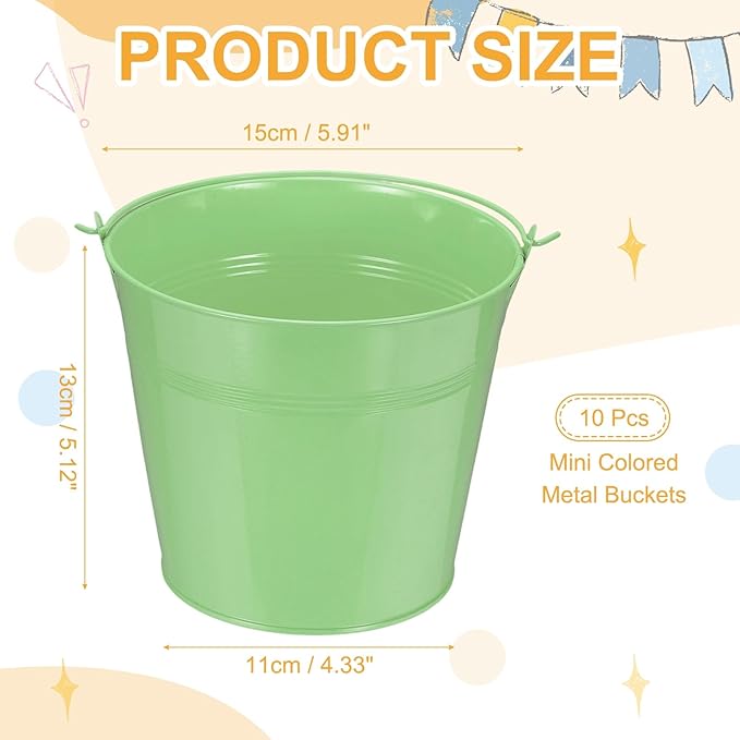 Small Metal Buckets, Mini Buckets with Handle Galvanized Colored Tin Pail Containers Basket Party Supplies - Fit for (Halloween - Classroom Crafts) 6" & 10Pcs & Light Green