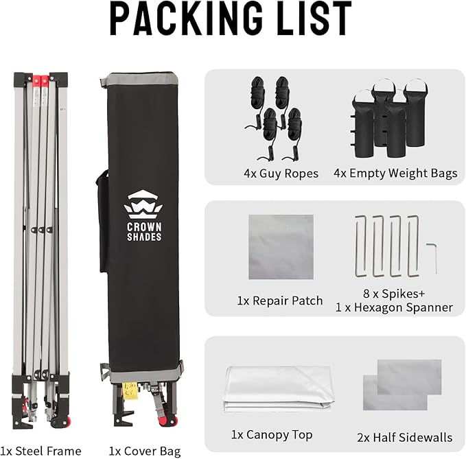CROWN SHADES 10x10 Pop up Canopy Tent Instant Canopy with 150D Silver Coated Fabric Including 2 Half Sidewalls, 4 Ropes, 8 Stakes, 4 Weight Bags, STO 'N Go Bag, Grid White