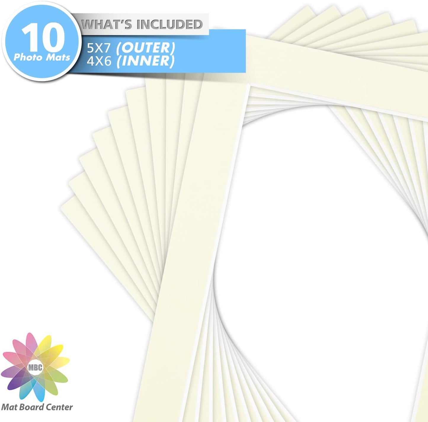 Mat Board Center, Pack of 10, 5x7 for 4x6 Ivory Color Mats - Bevel Cut, Acid Free, 4-ply Thickness, White Core - for Pictures, Photos, Framing