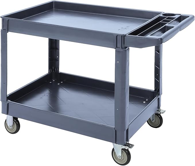 Utility Service Cart with Wheels and Two Trays, Service Cart 2-Shelf 500lbs, Rolling Utility Cart for Warehouse/Garage/Cleaning/Manufacturing, 2 Tier Heavy Duty Uline Tool Cart, 45"X25", Gray