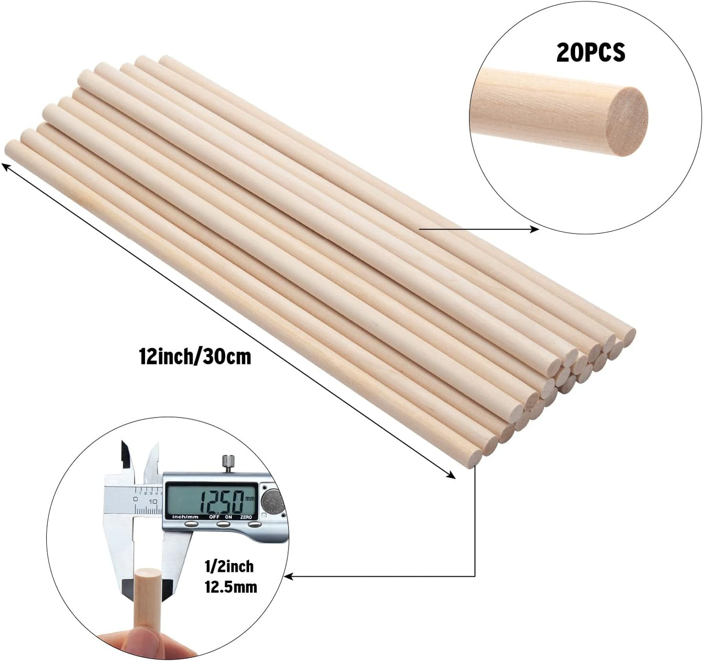 20 PCS Wooden Dowel Rods Wood Macrame Dowels 1/2x 12 inch, Round Wooden Sticks for Crafts, Unfinished Hardwood Sticks for Arts and DIYers, Crafting, Tiered Cake Support and Wedding Ribbon Wands