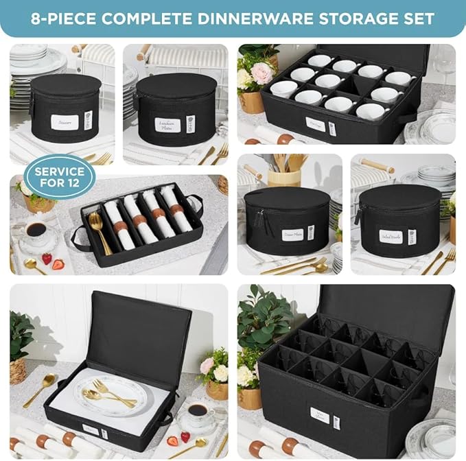 China Storage Hard Shell Containers 8-Piece Set Moving Boxes for Dinnerware, Glasses, Plates, Mugs and Saucers Sturdy Dish Organizer with Dividers for Seasonal Storage - Service for 12 - Black