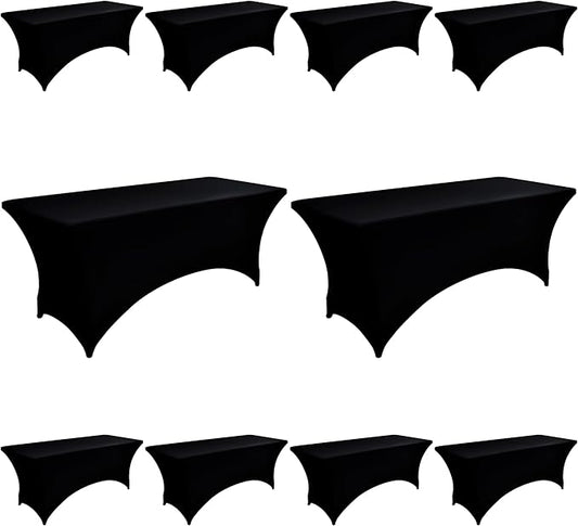 10-Pack 4ft Black Spandex Table Covers for Rectangular Folding Tables - Wrinkle Resistant Stretch Tight Table Cloths - Fitted Table Protector for Parties, Trade Shows, Banquet, and Wedding