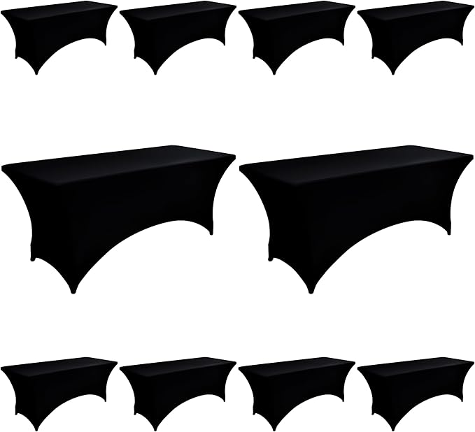 10-Pack 8ft Black Spandex Table Covers for Rectangle Folding Tables - Washable Elastic Tablecloth - Ultimate Fitted Table Protector for Parties, Trade Shows, Banquet, and Wedding