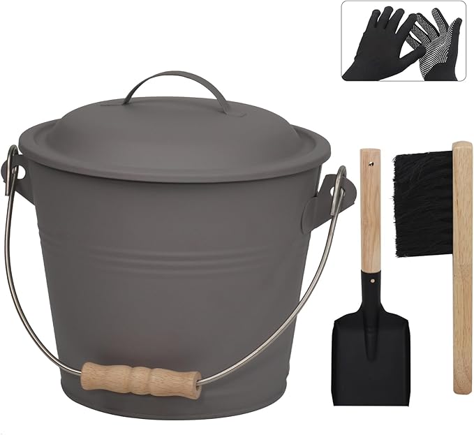 Poofzy Ash Bucket with Lid and Shovel, 1.3 Gallon Fireplace Bucket for Ashes, Includes Hand Broom and Gloves for Fire Pit, Wood Burning Stove and Grill (Gray)