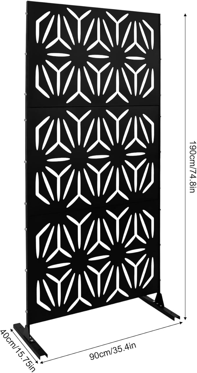 75" H×35" W Decorative Outdoor Privacy Screen with Stand, Outdoor Decor Privacy Fence Screen Metal Fence Panels, Free Standing Metal Divider for Patio Lawn Deck (Black-Flower)