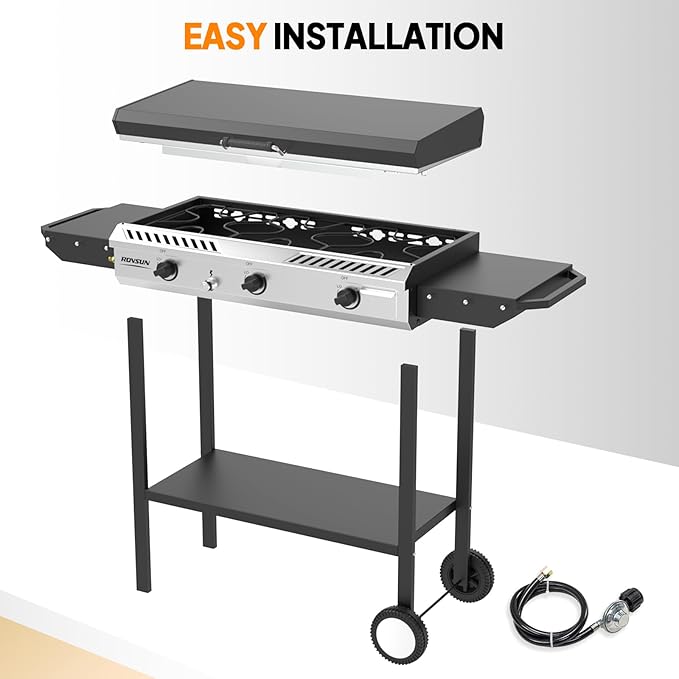 ROVSUN 2-in-1 Propane Stove & 33'' Griddle Combo with Ignition, 3 Burner 225,000 BTU Gas Stove & Grill with Side Shelves, Rolling Wheel & Regulator for Home Outdoor Backyard Camping Cooking Grilling