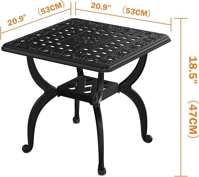 Cast Aluminum Outdoor Side Table, All Weather Square Bistro Table, Outdoor Coffee Table, Small End Table for Patio, Indoor, Lawn, Garden, Black