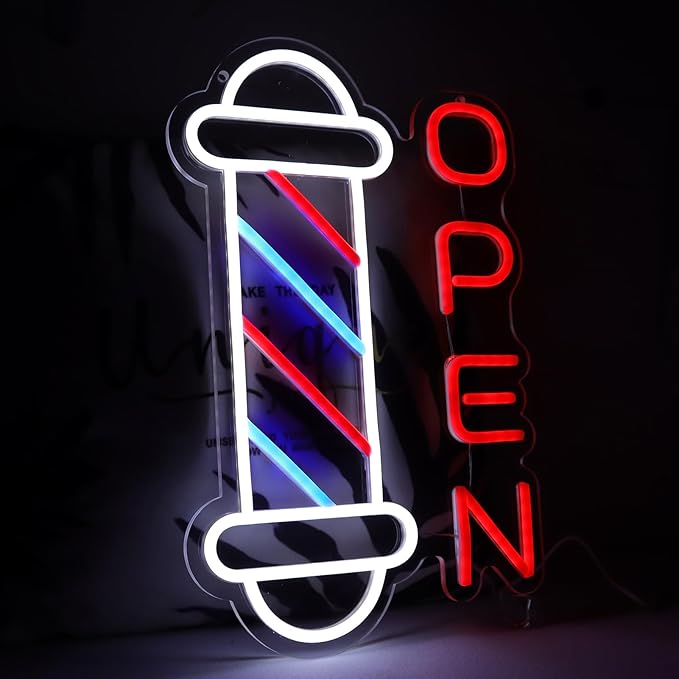 JFLLamp Barber Shop Neon Signs for Wall Decor Open Neon Lights for Bedroom Led Signs Suitable for Barber Shops Hair Salon Art Unique Gift for Hairdresser 10.2 * 16.1 Inch(Red + Blue + White)