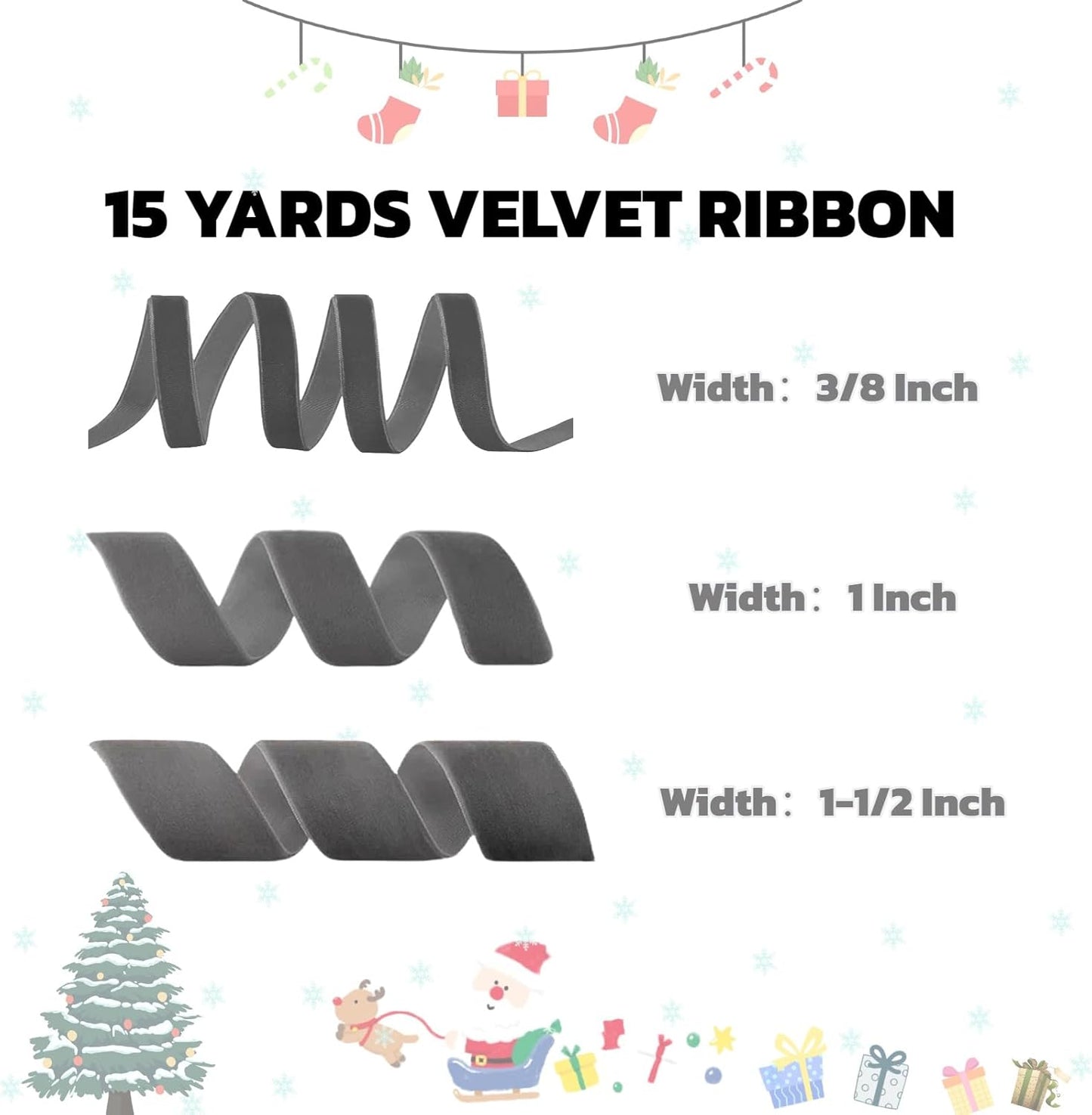 15 Yards Velvet Ribbon 1 Inch Single Face Grey Velvet Ribbon Spool Prefect for Wedding, Ribbons for Gift Wrapping, Vintage Christmas Decor Tree Ornaments Wreath Hair Bows, Ribbons for Crafts