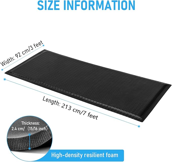 3 x 7 FT Anti Fatigue Mats Industrial 15/16 Inch Thick Soft Sponge Ergonomic Mat Durable Heavy Duty Diamond Plate for Standing Non Slip Industrial Grade Floor Mat for Leg & Back Pain Black