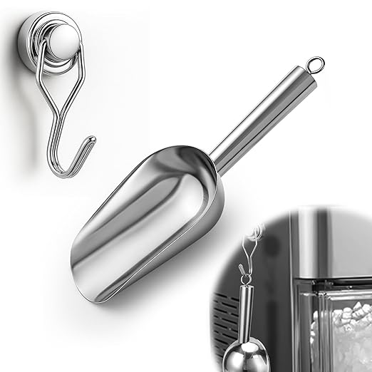 Juome 3oz Stainless Steel Ice Scoop for Freezer with Magnetic Holder, Metal Ice Scoop for Ice Machine, Small Ice Cube Scooper for Freezer Bin for Ge Profile Opal 2.0 Nugget Ice Maker