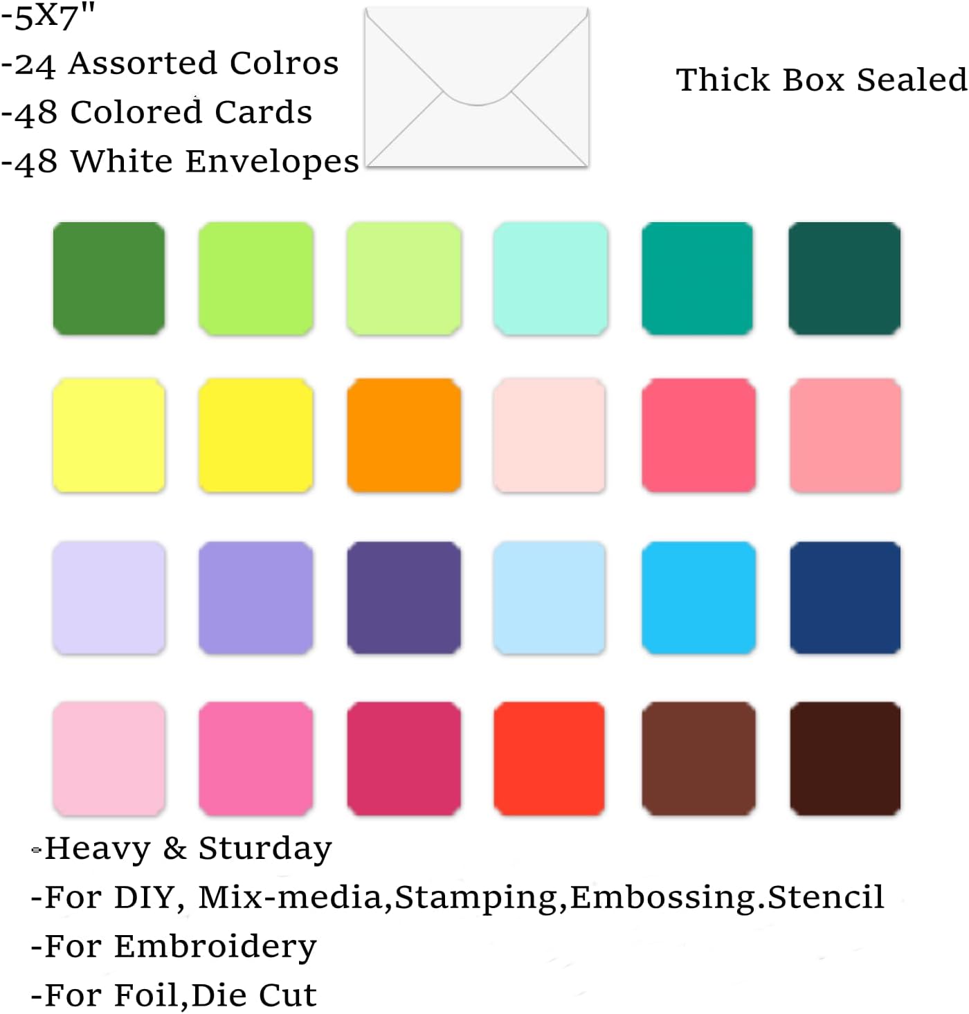 48 Pack Blank Folded Cards and Envelopes Colored Cards White Envelopes 5 x 7 Inch Colorful Greeting Cards 24 Assorted Colors Heavy Weight for Greeting,Invitation,Card Making