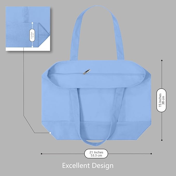 TOPDesign 6-Pack Canvas Tote Bags with an External Pocket, Reusable Grocery Shopping Bags, Top Zipper Closure, Daily Essentials (Light Blue)