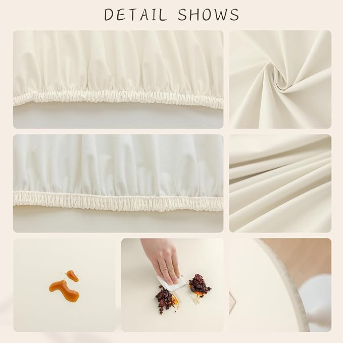 Round Fitted PU Tablecloth with High Elastic Edge 63 Inch Dia Waterproof Oil Proof Table Cloth Anti-Scald Stain-Resistant Wipeable Table Cover for Indoor Outdoor Picnic (Cream,63" Dia)