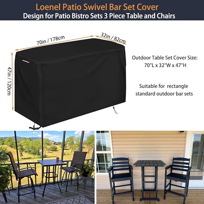 Patio Swivel Bar Set Covers, Waterproof Outdoor Bar Height Set Cover for Patio Bistro Sets 3 Piece Table and Chairs, Heavy Duty 600D Outdoor Bars Height Dining Sets Cover- 70" L x 32" W x 47" H