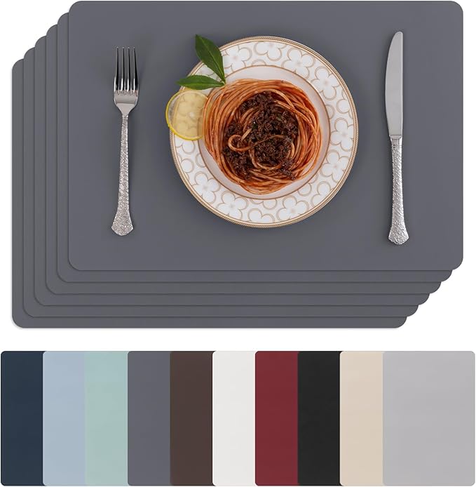 SHACOS Placemats Set of 6 Faux Leather Waterproof Leakproof Wipeable PU Non-Slip Vinyl Place Mats Heat Resistant Table Mats for Kitchen Dining Table Indoor Outdoor, Dark Grey