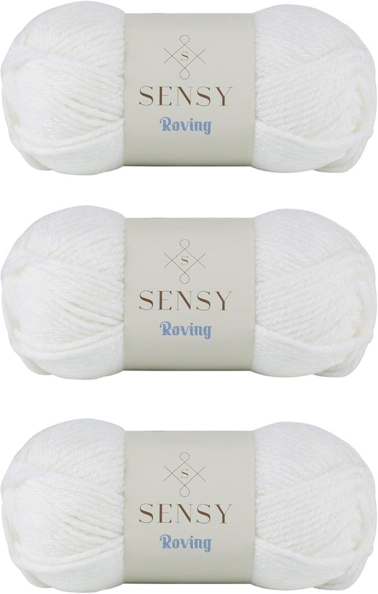 3 Skeins of Sensy Roving Yarn, 3.5 oz, 132 Yards, Gauge 5 Bulky (White)