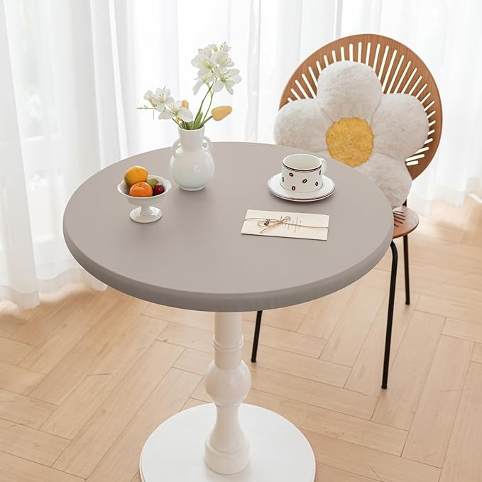 Round Fitted PU Tablecloth with High Elastic Edge 47 Inch Dia Waterproof Oil Proof Table Cloth Anti-Scald Stain-Resistant Wipeable Table Cover for Indoor Outdoor Picnic (Grey,47" Dia)
