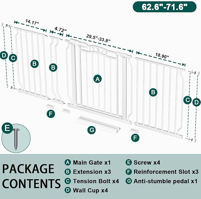Fairy Baby 62.5"-71.6" Extra Wide Long Baby Gate for Doorways, Large Dog Gate for the House, No Drill Baby Gate for Stairs, Pressure Mounted Toddler Safety Child Gate Auto Close Pet Gate Indoor, White