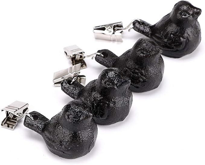 OwnMy Set of 4 Black Tablecloth Weights Clip on, Heavy Duty Pendant Tablecloth Weights Kit with Cast Iron Antique Birds, Flag Weights Clips for Outdoor Garden Party Picnic Tablecloths