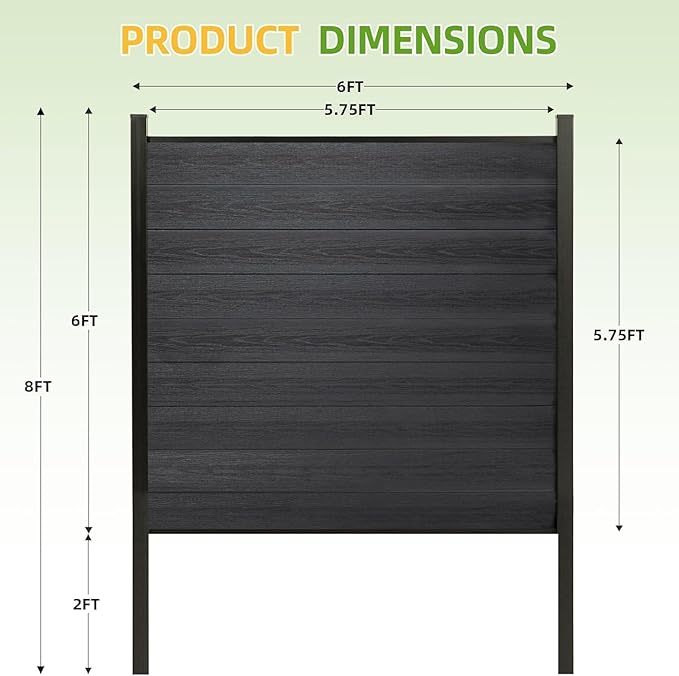 Mondaria Fence Privacy Screen with 8ft In-ground Posts, 6ft(H) x 24ft(W) Wood Plastic Composite Fence Panels Weather-Resistant Outdoor Fence for Backyard/Garden (Black, 5 Posts)