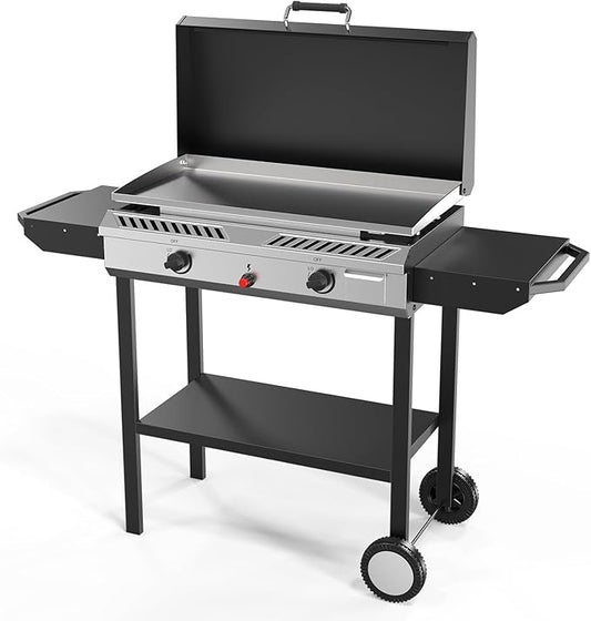 Bonnlo 2-in-1 Propane Stove and Griddle, Iginition Outdoor Gas Cooker with Storage Shelf and Portable Wheels, 2 Burner Camping Stove with 150000BTU Output for Backyard Cooking BBQ Frying and Boiling
