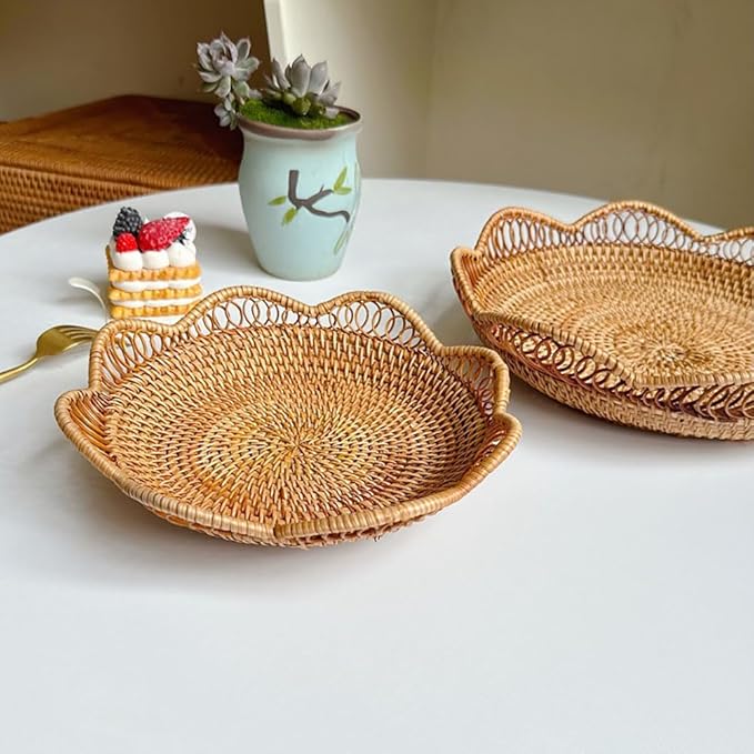 RT&BS Rattan Fruit Baskets for Serving, Handwoven Bread Basket, Christmas Food Baskets, Storage Basket for Bread Snack Candy Small Items (Ø9 x 2'')