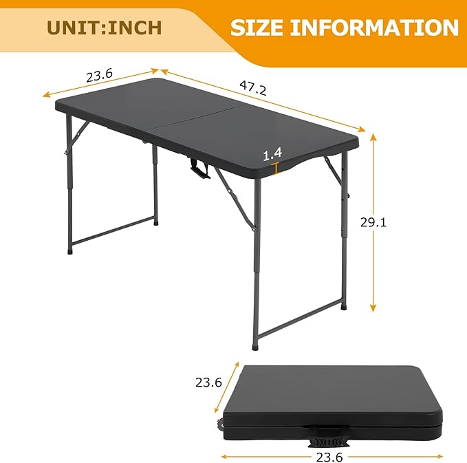 FDW 4FT Folding Table Half Portable Foldable Table Picnic Table for Office Home Camping Party (Black, 4 FT)
