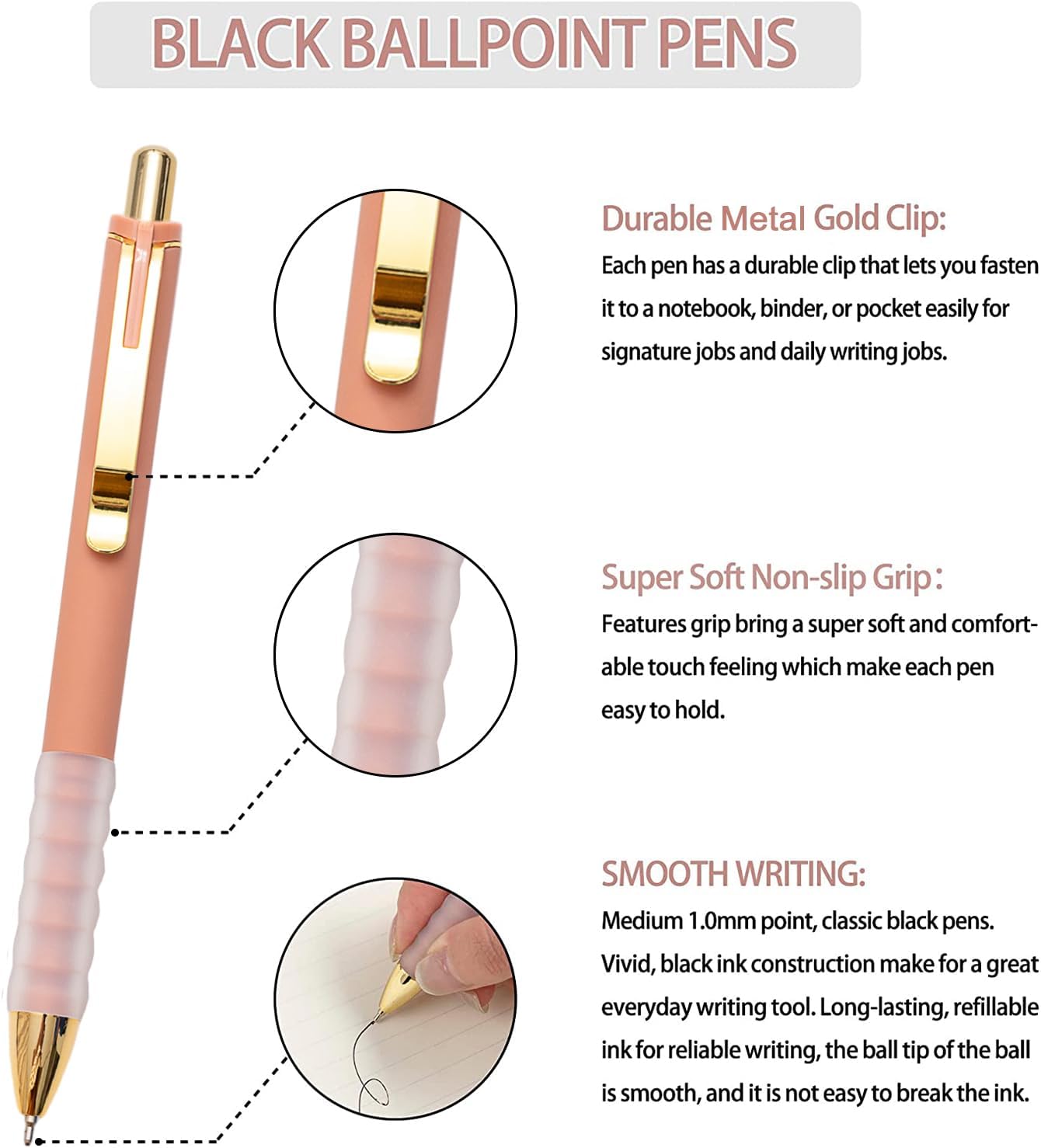 Linbsunne Ballpoint Pens Black Medium Point 1mm with Super Soft Grip Ball Point Pen for Men Women Retractable(gold-6x2 pcs)