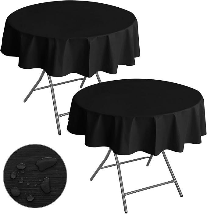 Nasitos 2 Pack Round Black Tablecloth 60 Inch-Vinyl Tablecloths Spill-Proof Table Cloth for Circular Table Cover, Plastic Table Cloth for Dining, Banquet Parties, Holiday Dinner, Anniversary