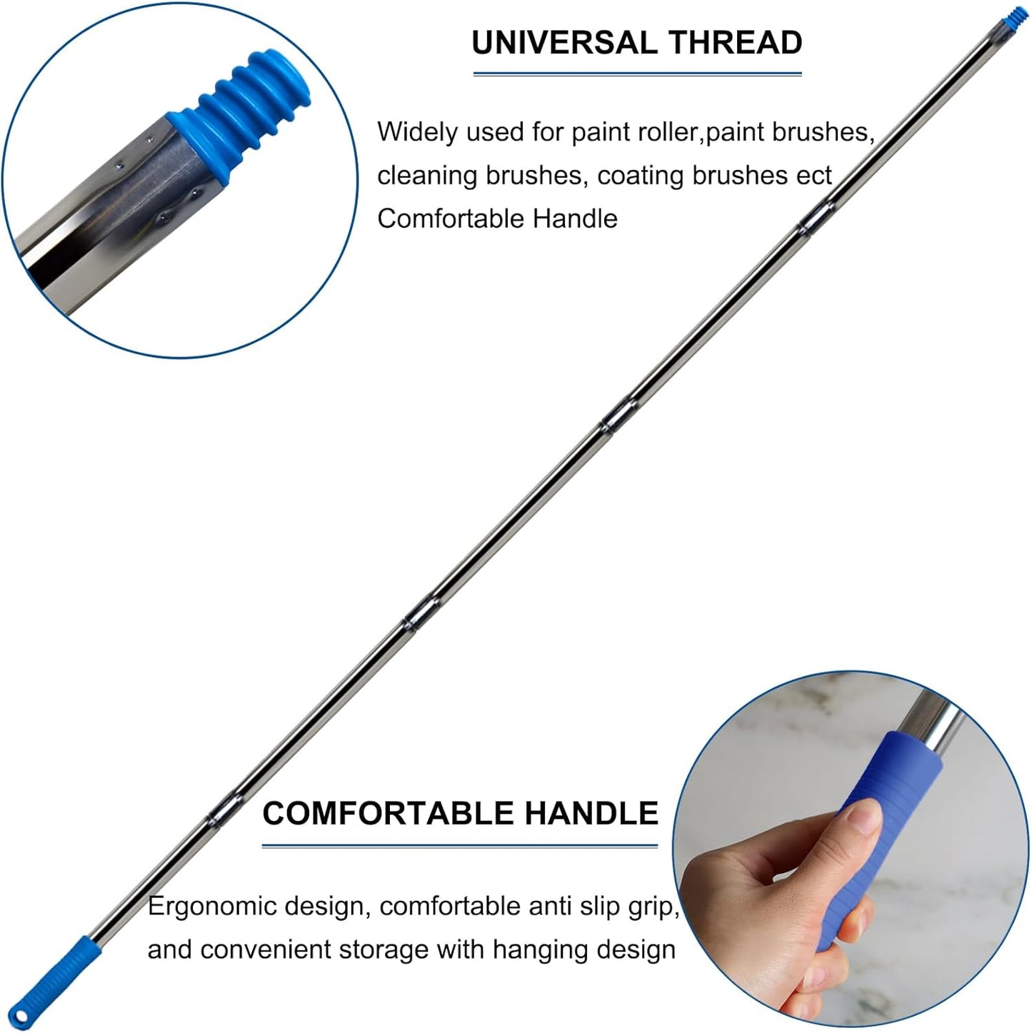 4 Ft Extension Pole +Joint Angle Adaptor, Paint Roller Stainless-Steel Threaded Splicing Extension Poles for Hand Drywall Sander Wall Cleaning and Polishing Paint Roller Brushes (4 Feet)