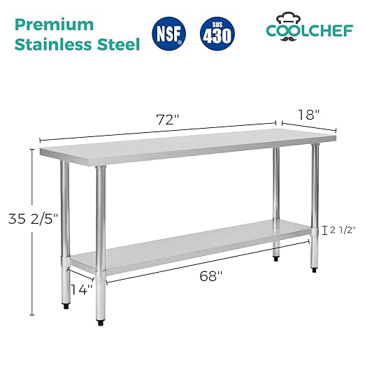 Stainless Steel Work Table 18 x 72 Inch, NSF Commercial Prep Table with Undershelf, Heavy Duty Food Prep Workstation