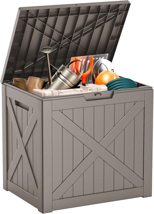 EasyUp 32 Gallon Outdoor Deck Box Waterproof, UV Resistant Resin Outdoor Storage Box for Delivery, Porch, Patio and Garden, X-Design Grey