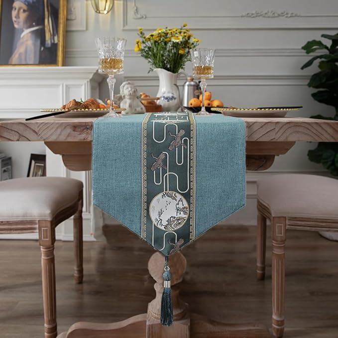 Embroidered Tassel Table Runner Chinese Style Landscape Painting Waterproof Cotton Linen Holiday Kitchen Dining Table Decoration for Home Party Decor 13x72 Inch (Blue)