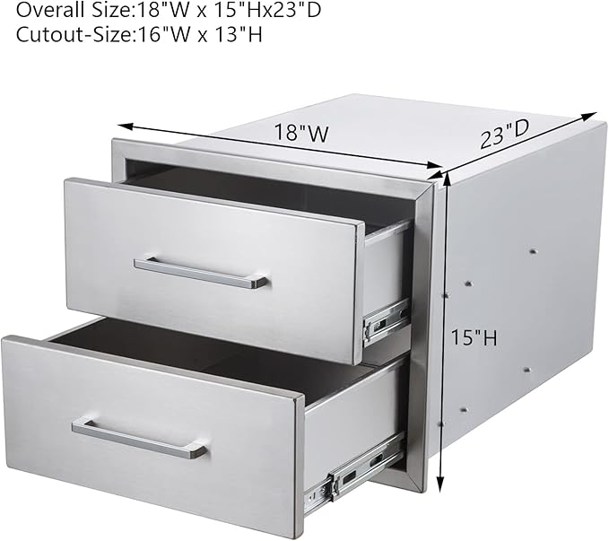 18" W x 15" H x 23" D Stainless Steel Outdoor Kitchen Drawers BBQ Drawers Double Access Flush Mount for Outdoor Kitchens Or BBQ Island