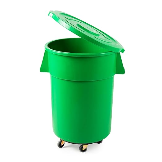 PRO&Family Commercial Round Trash Can with Lid and Dolly Rolling Waste Container, Ingredient Bin, Heavy-Duty Plastic, Anti-Static, Kitchen, Office, Outdoor Use (Green, 55 Gallon)