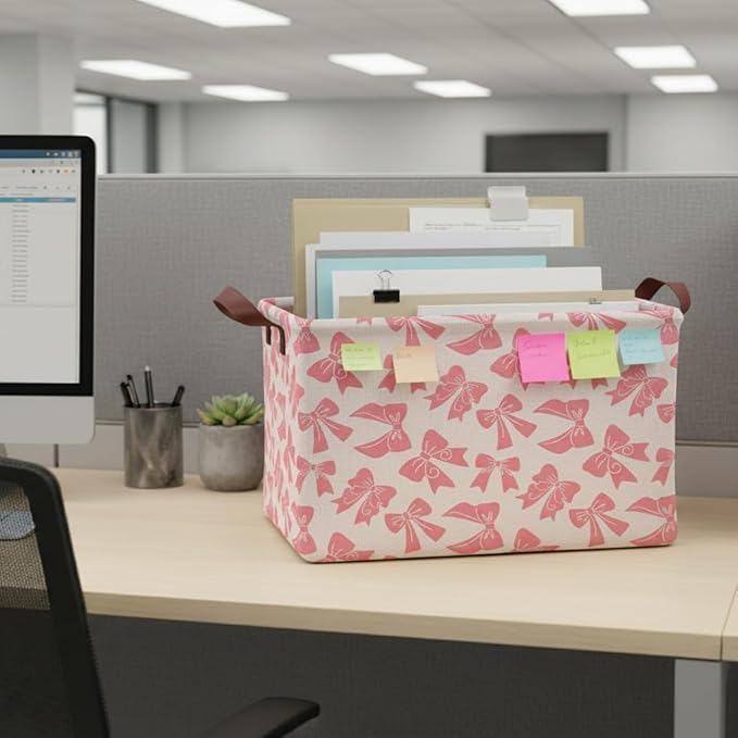Pink Bow Storage Basket Waterproof Canvas Toy Storage Bin Bow Room Decor Collapsible Outdoor Basket with Leather Handles Coquette Room Decor Blanket Baskets For Closets,Bedrooms,Gifts Baskets