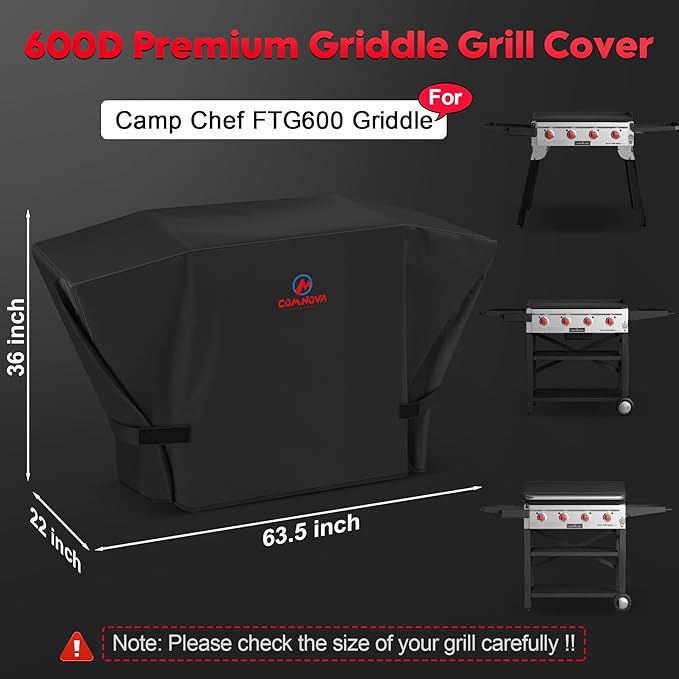 Comnova Griddle Cover for Camp Chef FTG600 - Premium 600D Outdoor Flat Top Grill Cover Heavy Duty & Waterproof for Camp Chef 4 Burner Griddle FTG600, FTG600P, and FTG600GL - 63.5 x 22 x 36 Inch