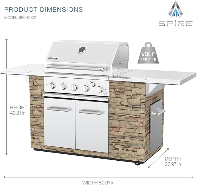 SPIRE Premium 5 Burner Built In Gas Grill Island Head, Stainless Steel 30 Inch Barbeque Grill with Rear Burner, 63,000 BTUs, 758 SQ In Racks, Propane Grill with Dual Fuel Compatibility – 860-0032