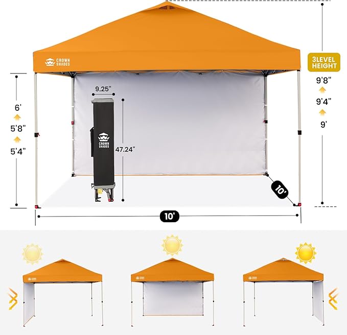 CROWN SHADES 10x10 Pop Up Canopy with 1 Side Wall - Beach Tent with One Push Setup - Outdoor Sun Shade for Events, Parties, Camping - Gazebo with STO-N-Go Cover Bag (Orange)